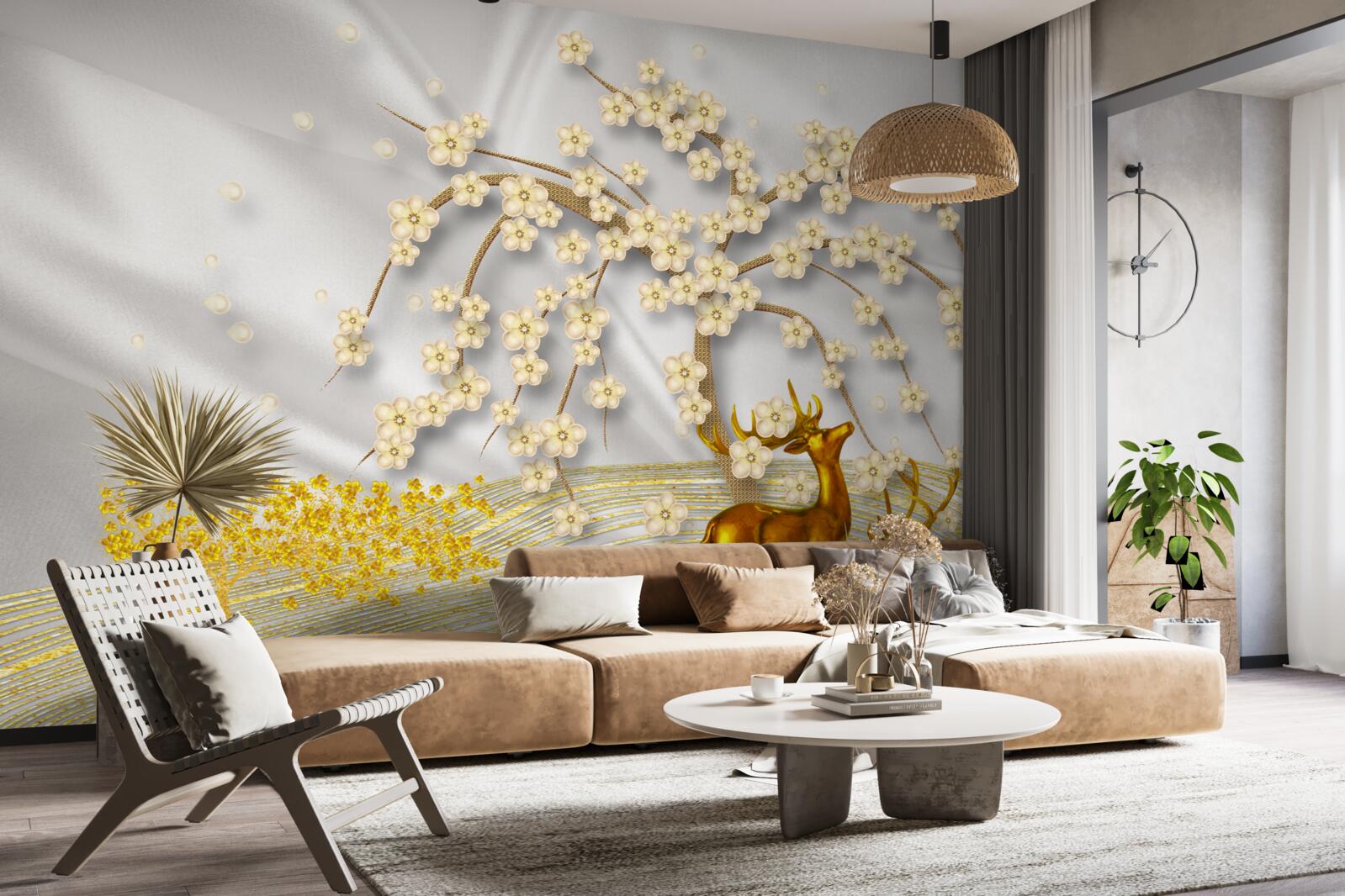 Fotobehang een hert van goud loopt onder de takken van een sakura