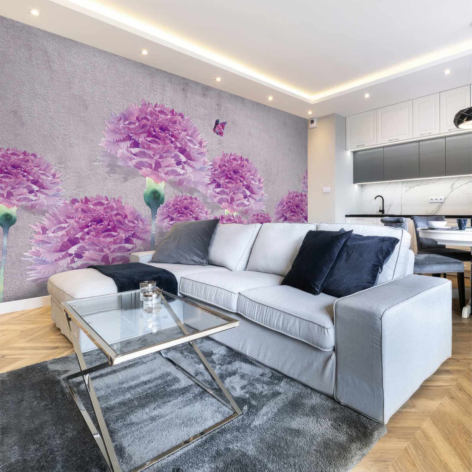 Fotobehang grote lila anjers en vlinder