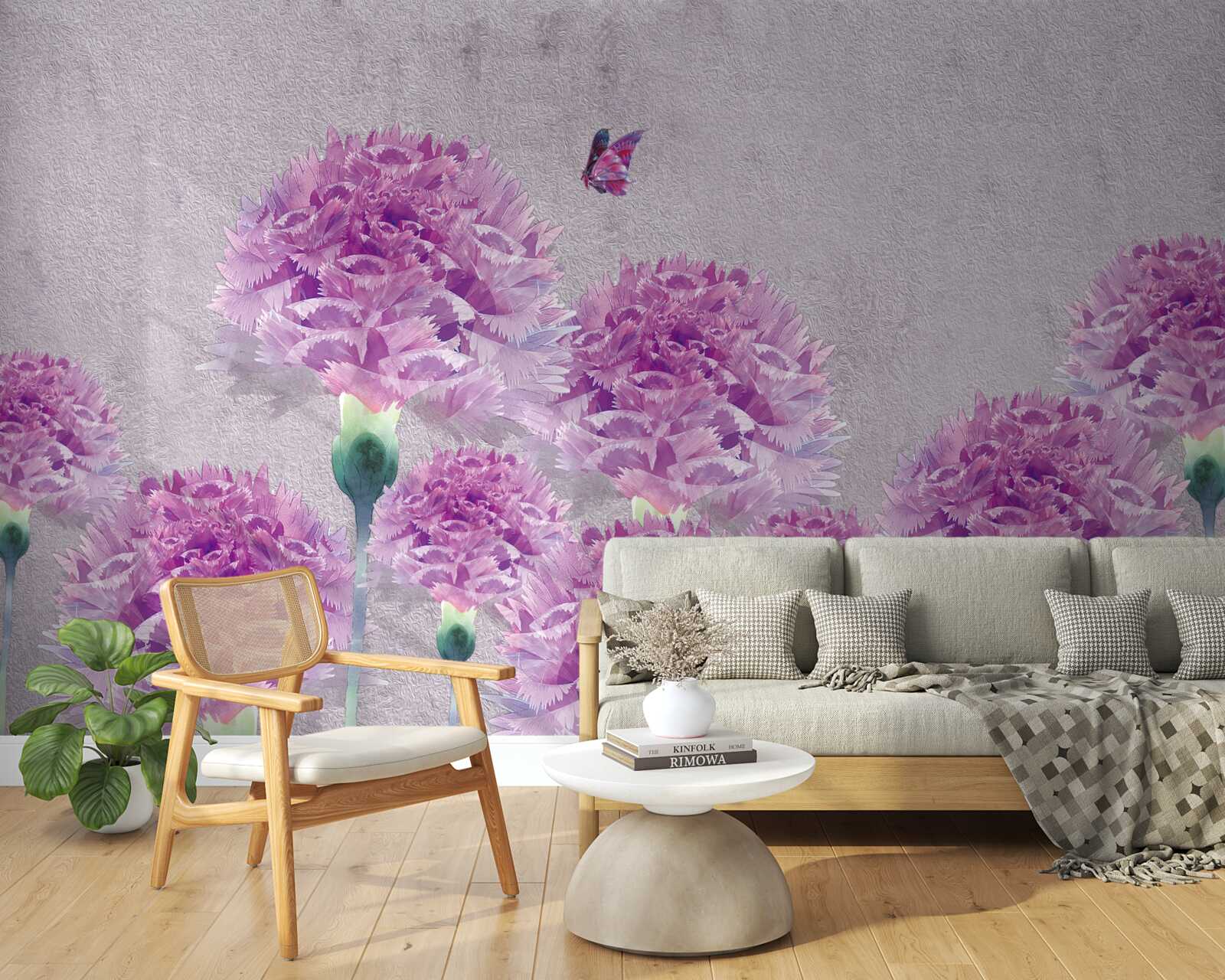 Fotobehang grote lila anjers en vlinder