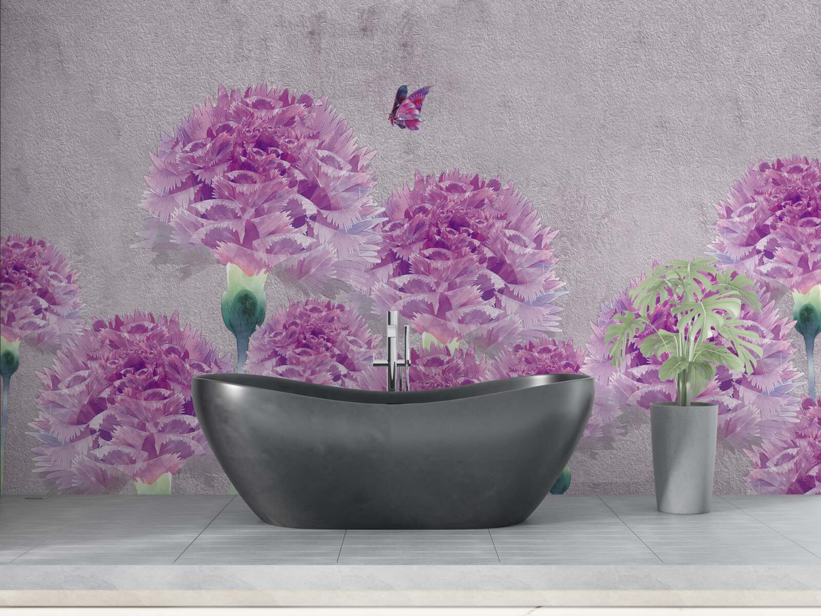 Fotobehang grote lila anjers en vlinder
