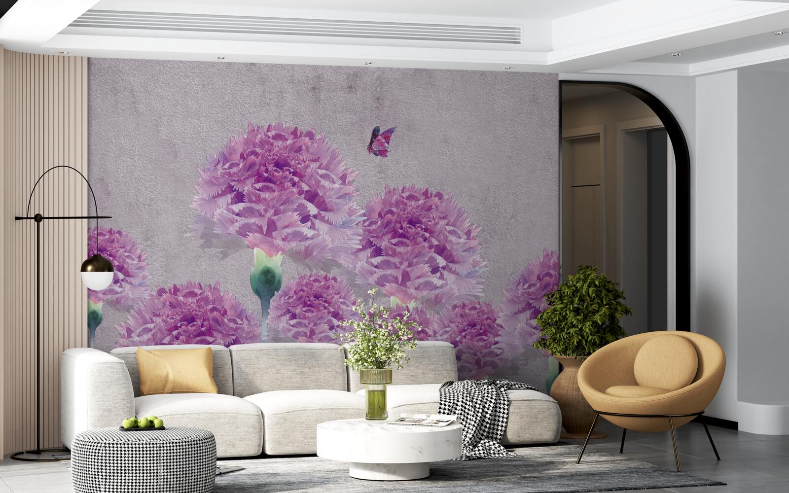 Fotobehang grote lila anjers en vlinder