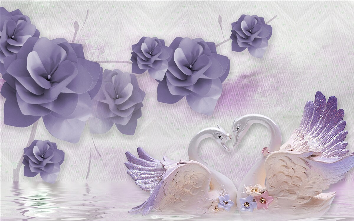 Fotobehang tere knoppen en lichte zwanen op het wateroppervlak