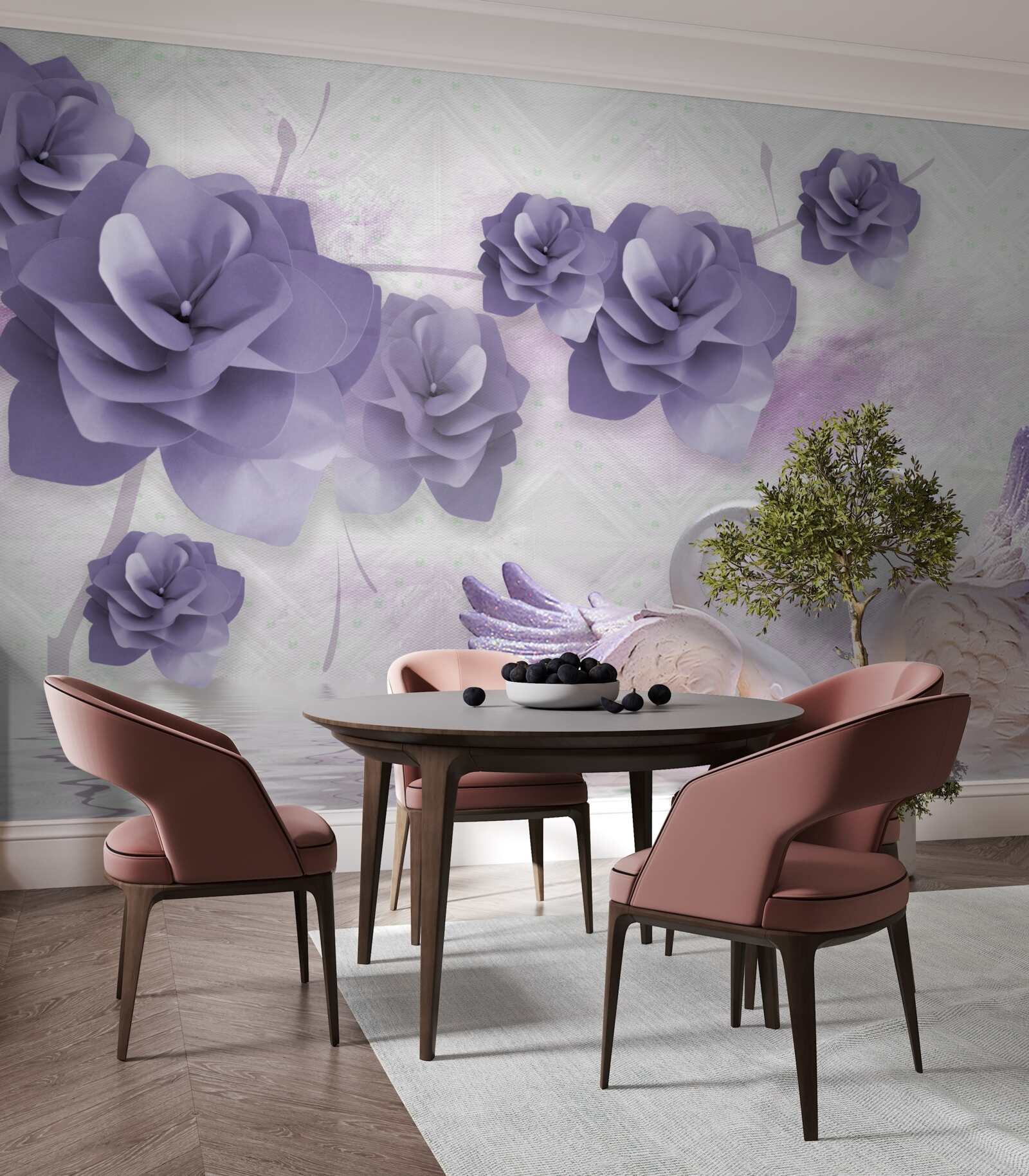 Fotobehang tere knoppen en lichte zwanen op het wateroppervlak