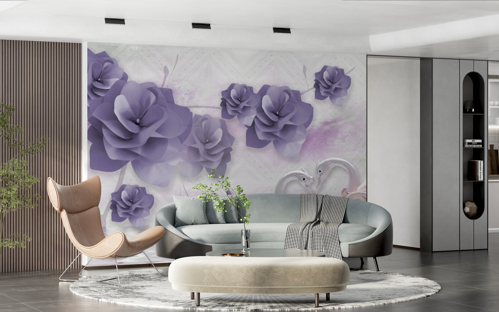 Fotobehang tere knoppen en lichte zwanen op het wateroppervlak