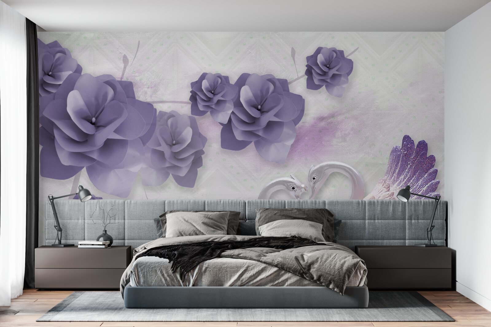 Fotobehang tere knoppen en lichte zwanen op het wateroppervlak