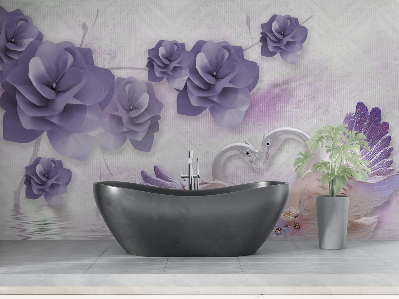 Fotobehang tere knoppen en lichte zwanen op het wateroppervlak