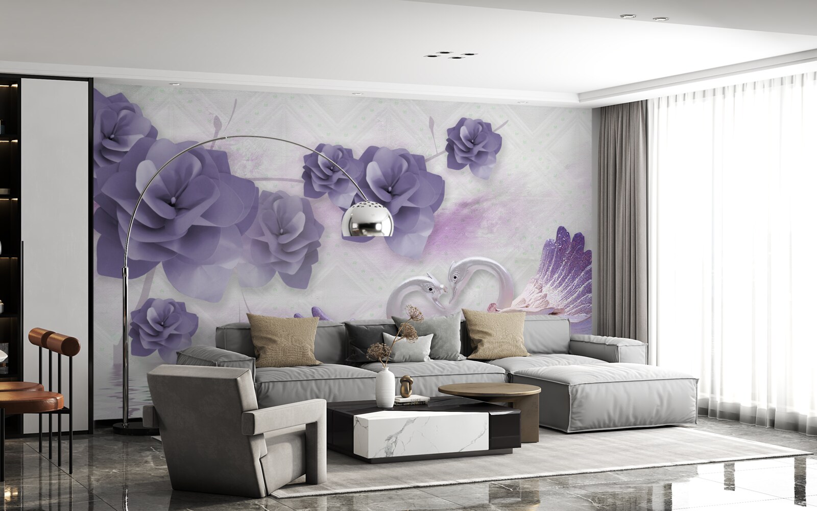 Fotobehang tere knoppen en lichte zwanen op het wateroppervlak