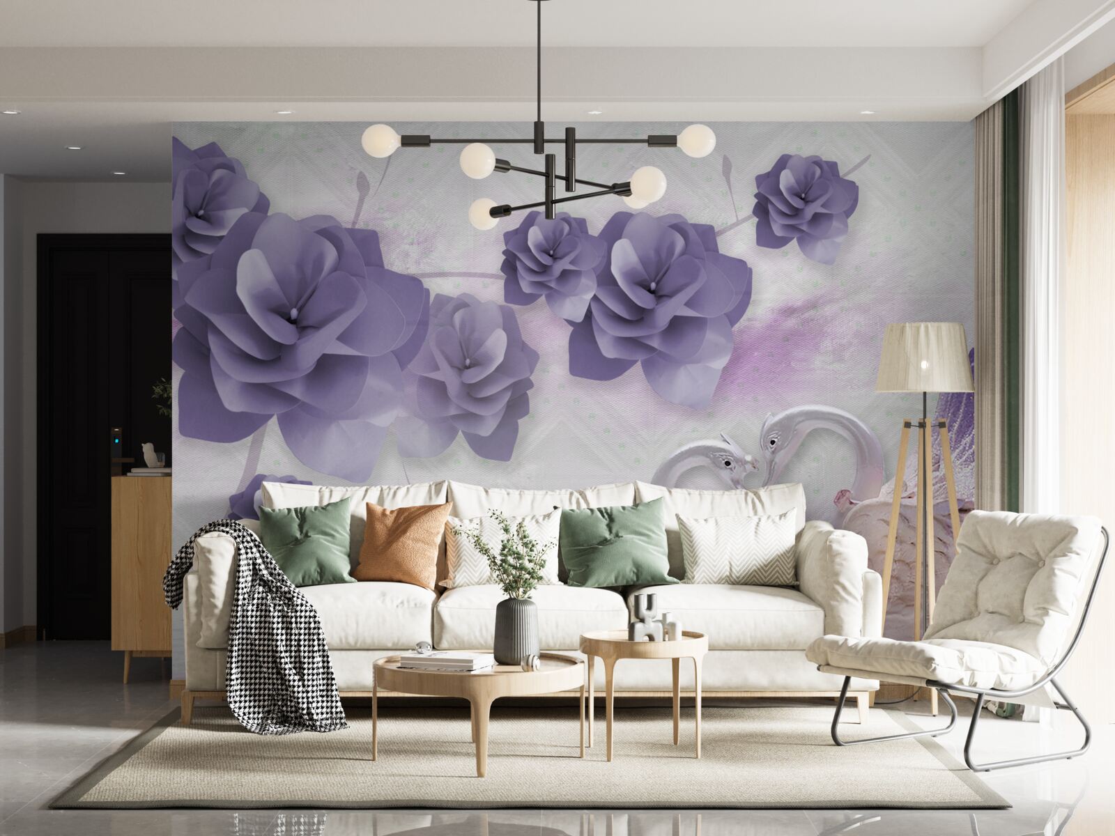 Fotobehang tere knoppen en lichte zwanen op het wateroppervlak