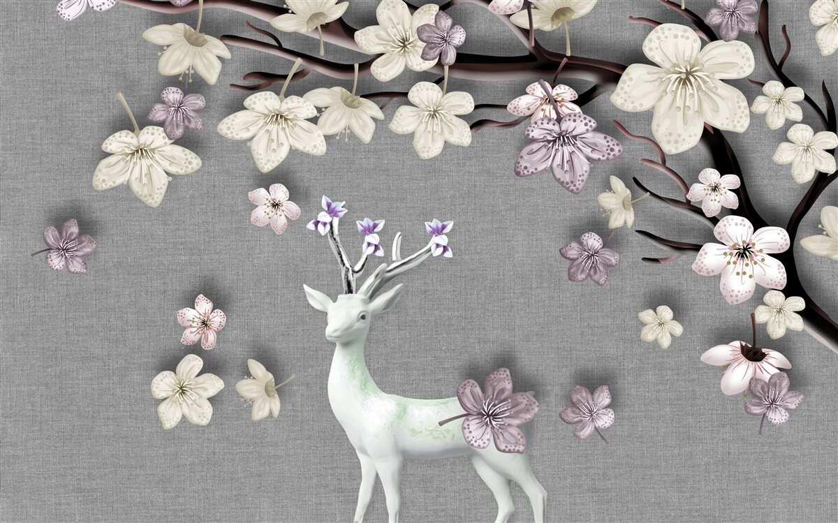 Fotobehang bloeiende magnolia takken en een wit hert