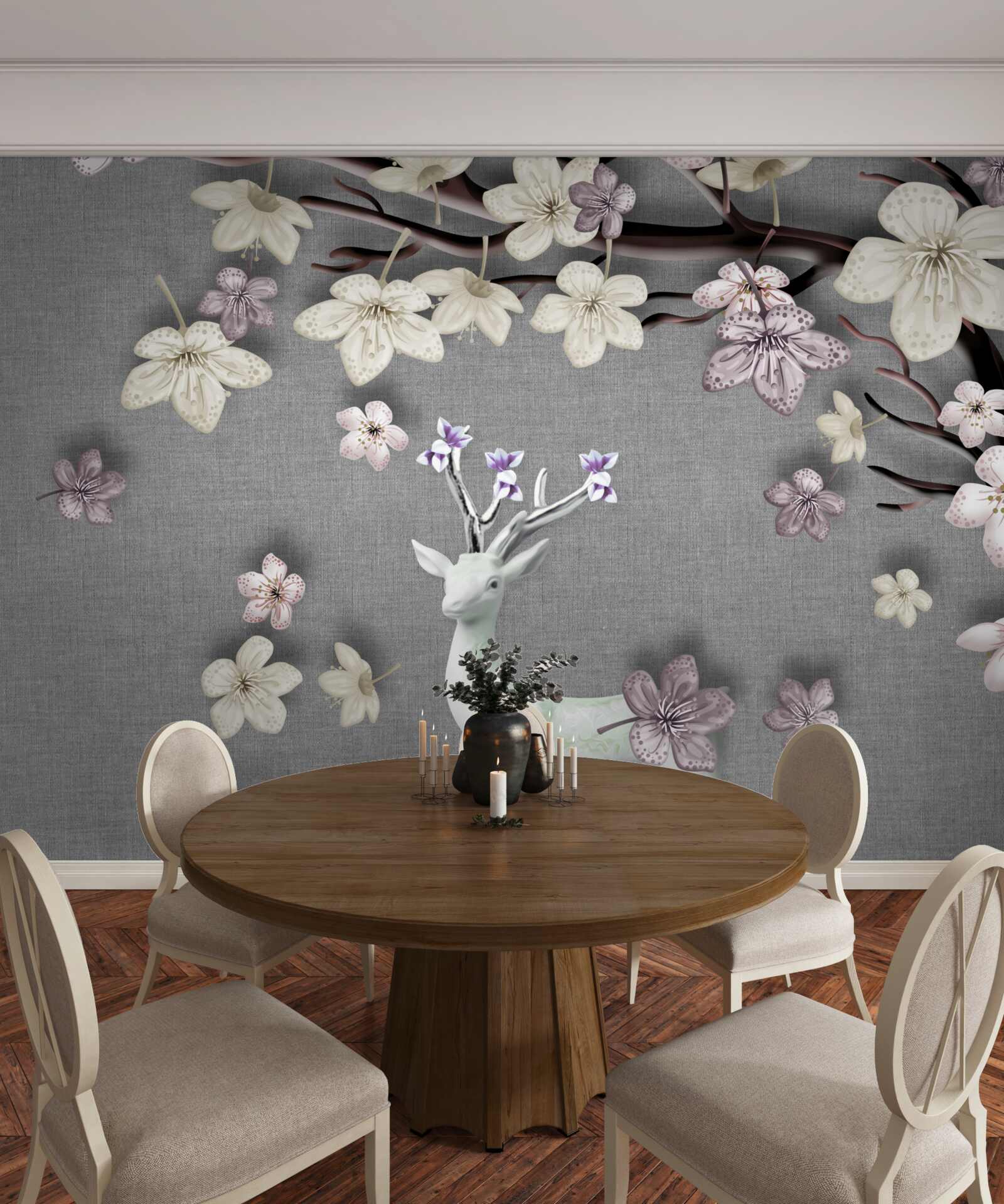 Fotobehang bloeiende magnolia takken en een wit hert