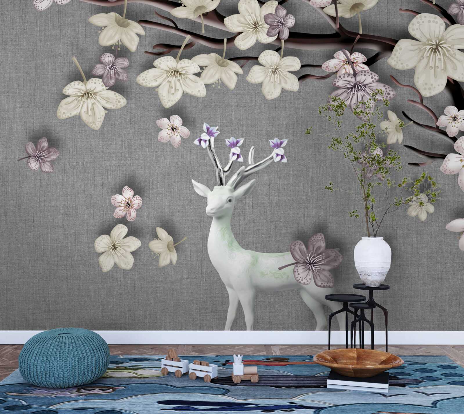 Fotobehang bloeiende magnolia takken en een wit hert