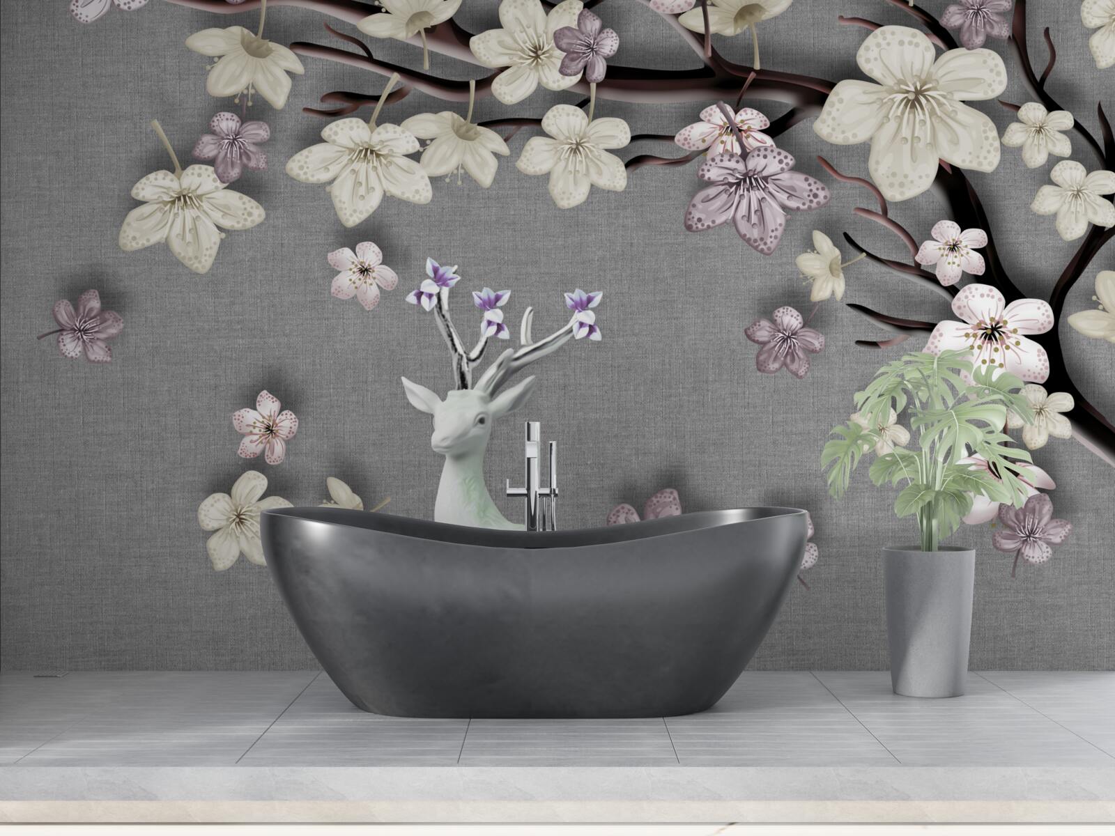 Fotobehang bloeiende magnolia takken en een wit hert