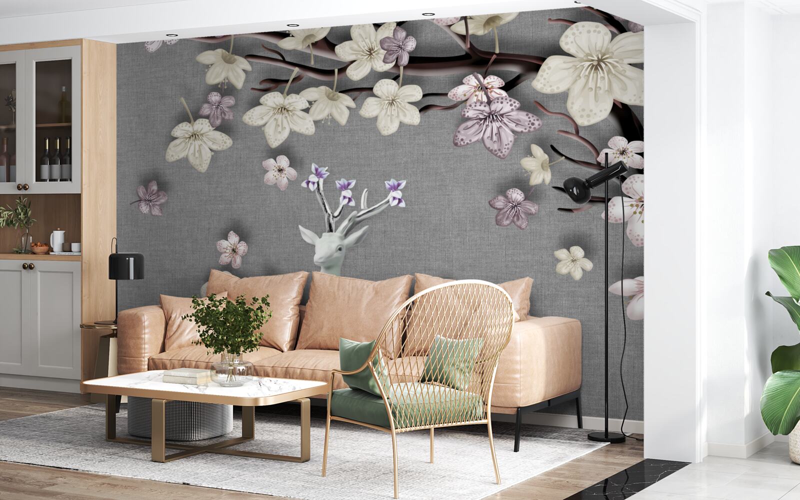 Fotobehang bloeiende magnolia takken en een wit hert