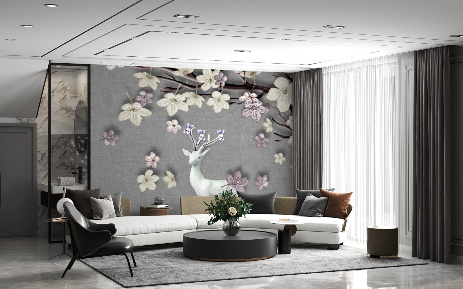 Fotobehang bloeiende magnolia takken en een wit hert