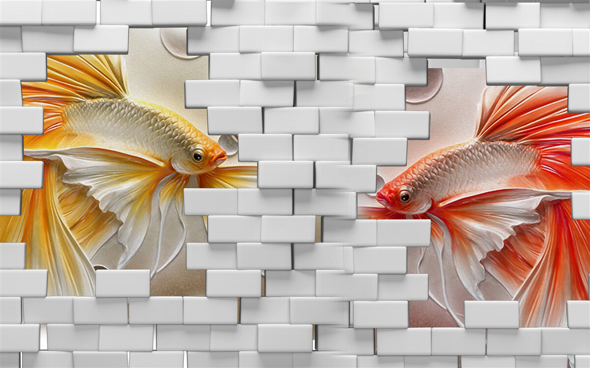 Fotobehang rode en oranje figuren vernietigen een baksteen