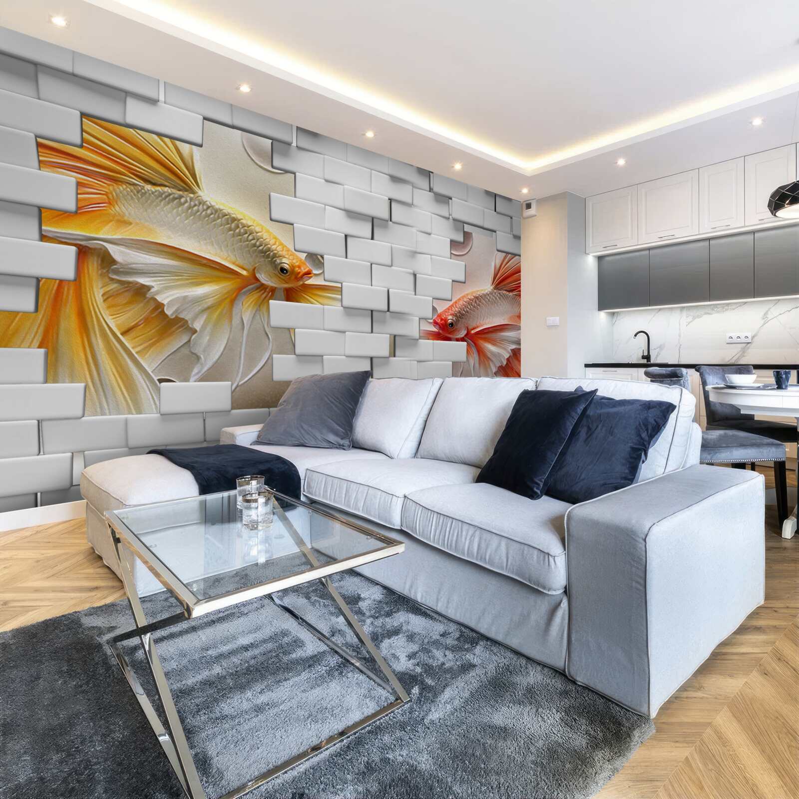 Fotobehang rode en oranje figuren vernietigen een baksteen