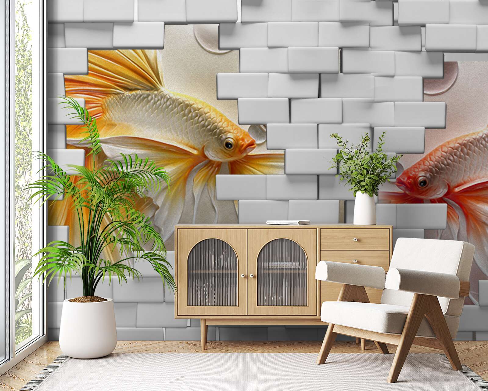 Fotobehang rode en oranje figuren vernietigen een baksteen