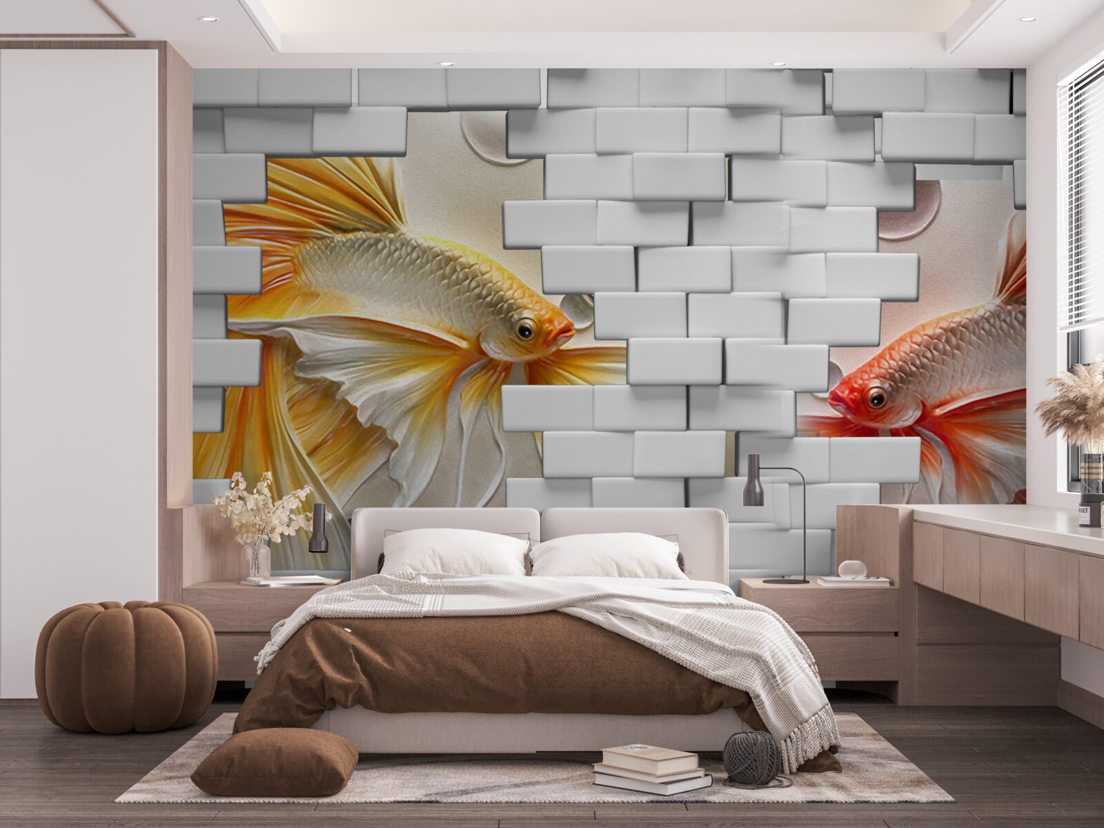 Fotobehang rode en oranje figuren vernietigen een baksteen