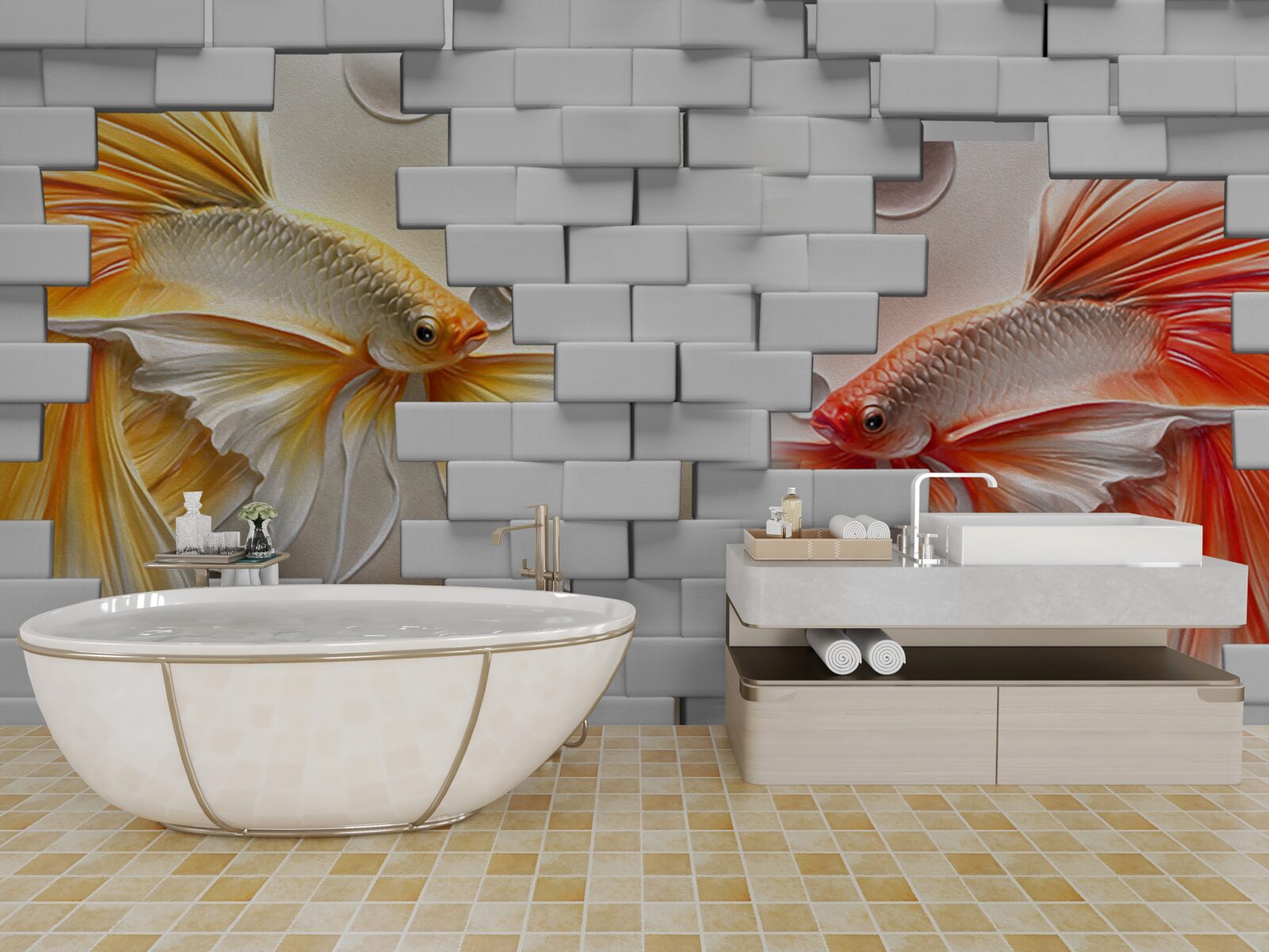 Fotobehang rode en oranje figuren vernietigen een baksteen