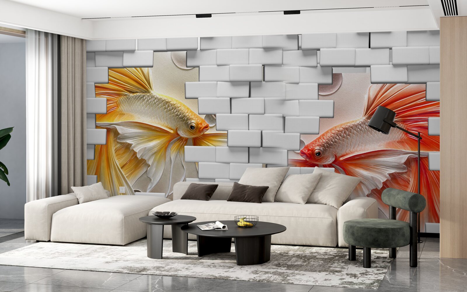 Fotobehang rode en oranje figuren vernietigen een baksteen