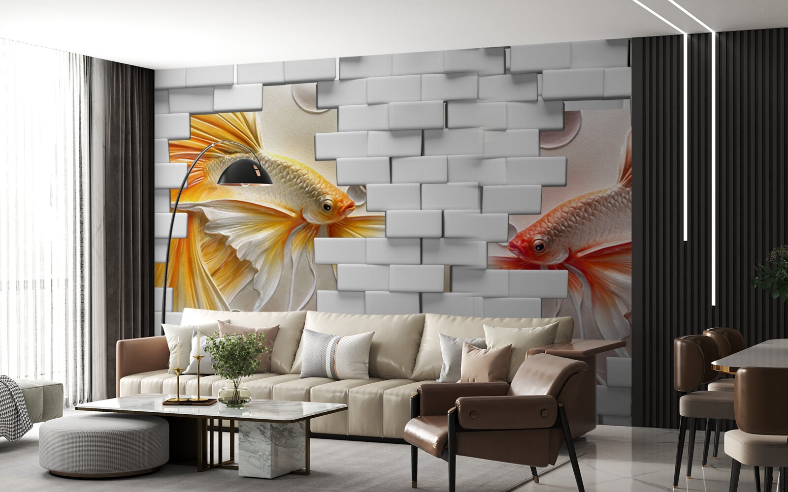 Fotobehang rode en oranje figuren vernietigen een baksteen