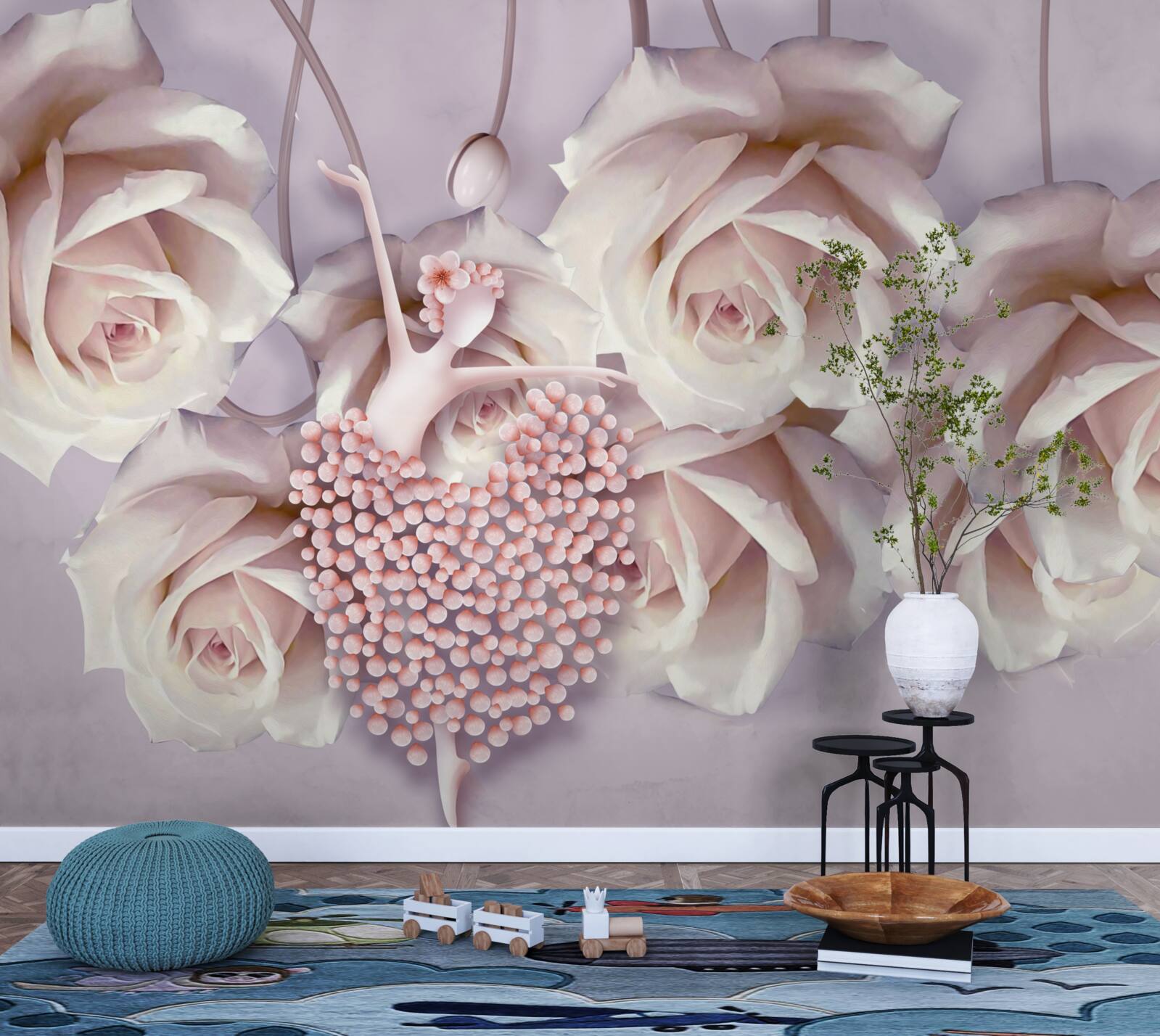 Fotobehang versierd met een crèmekleurige roos