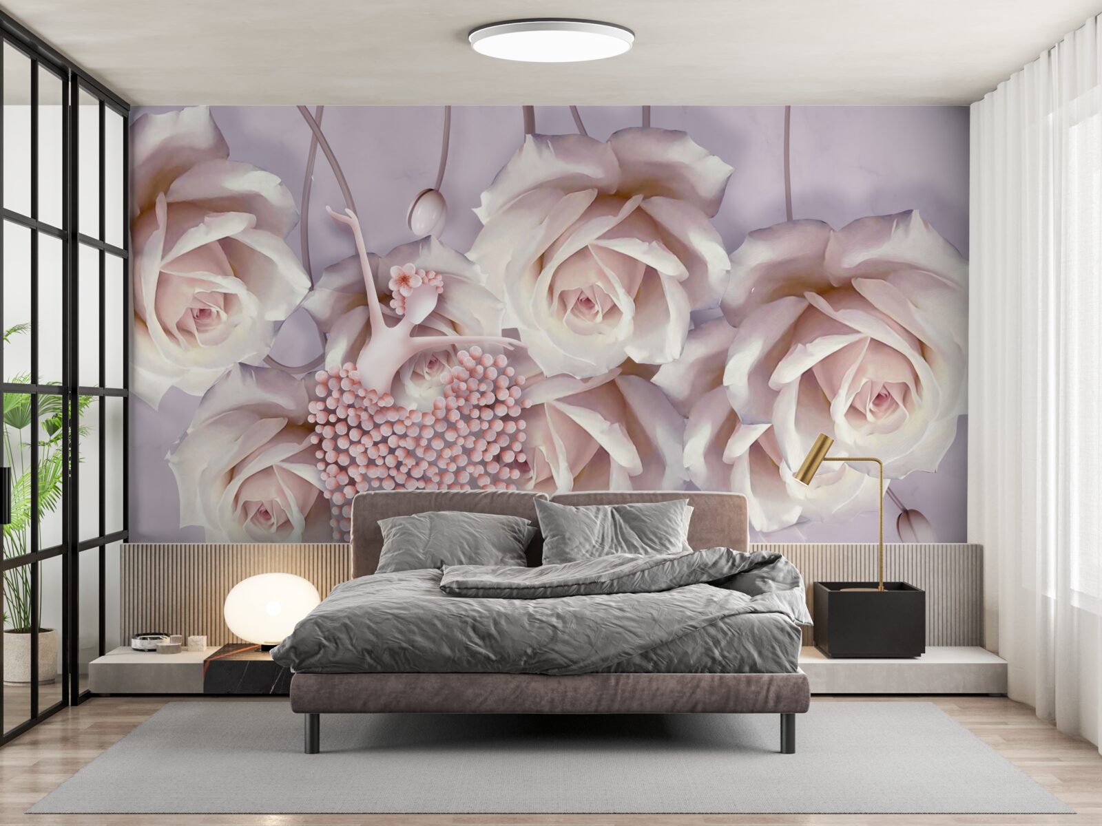 Fotobehang versierd met een crèmekleurige roos