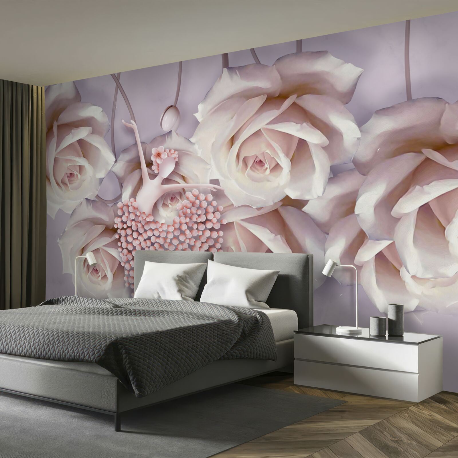 Fotobehang versierd met een crèmekleurige roos