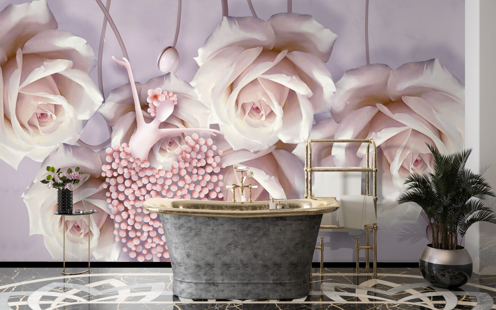 Fotobehang versierd met een crèmekleurige roos