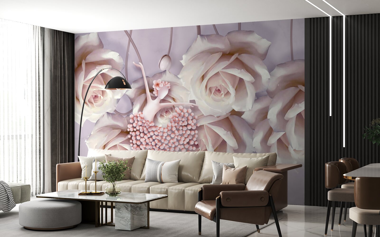 Fotobehang versierd met een crèmekleurige roos