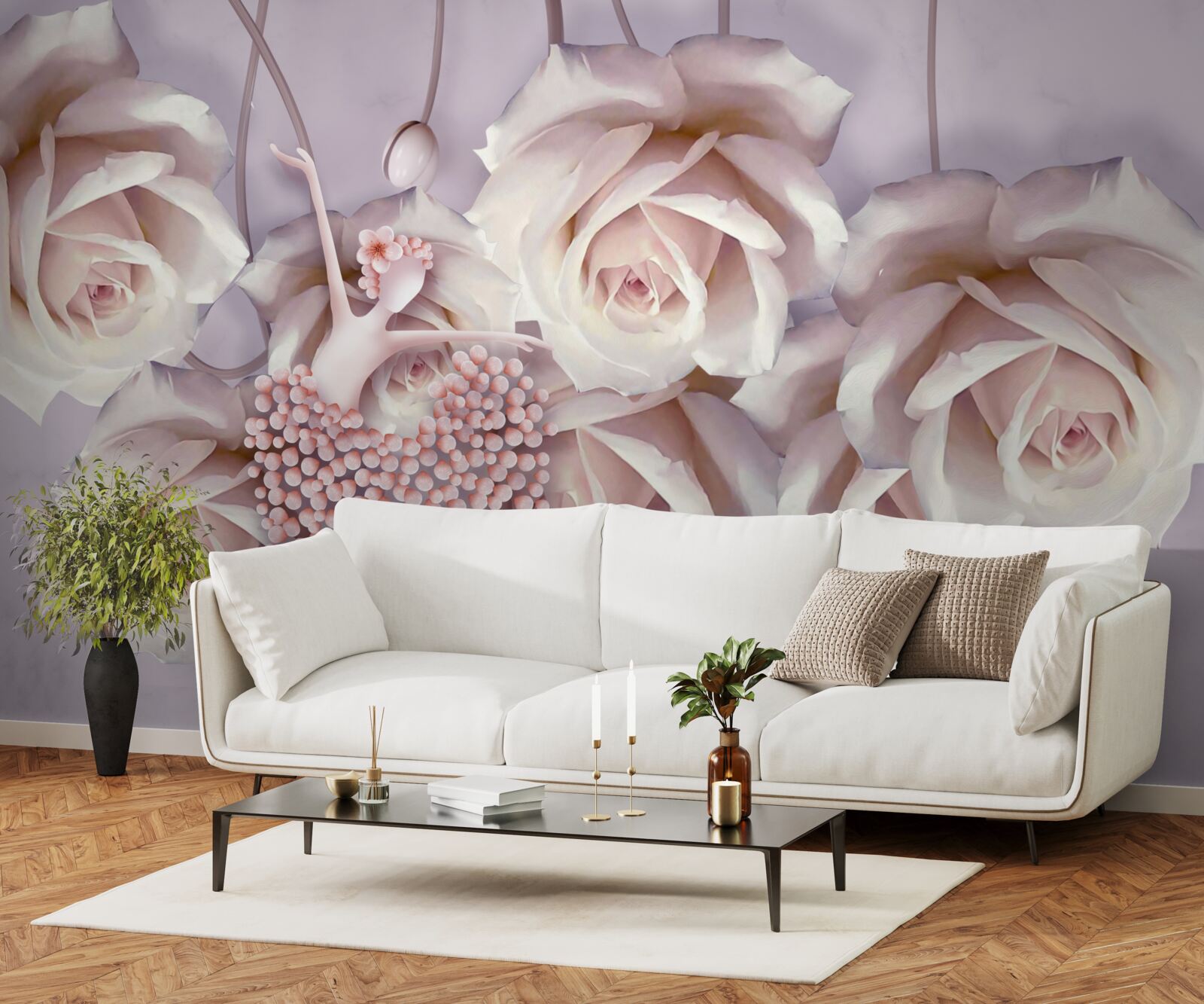 Fotobehang versierd met een crèmekleurige roos