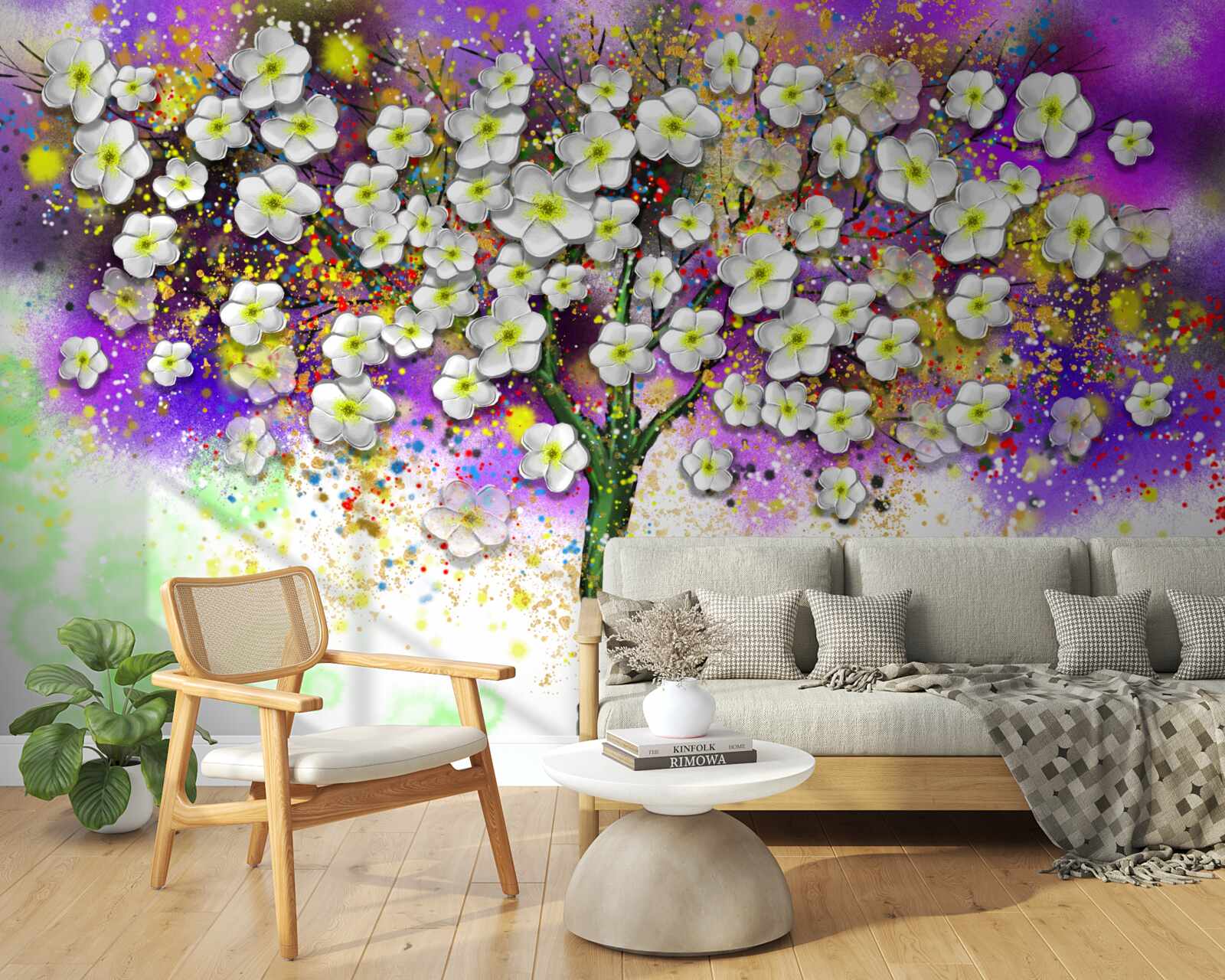 Fotobehang boom bloeiend met sneeuwwitte bloemen