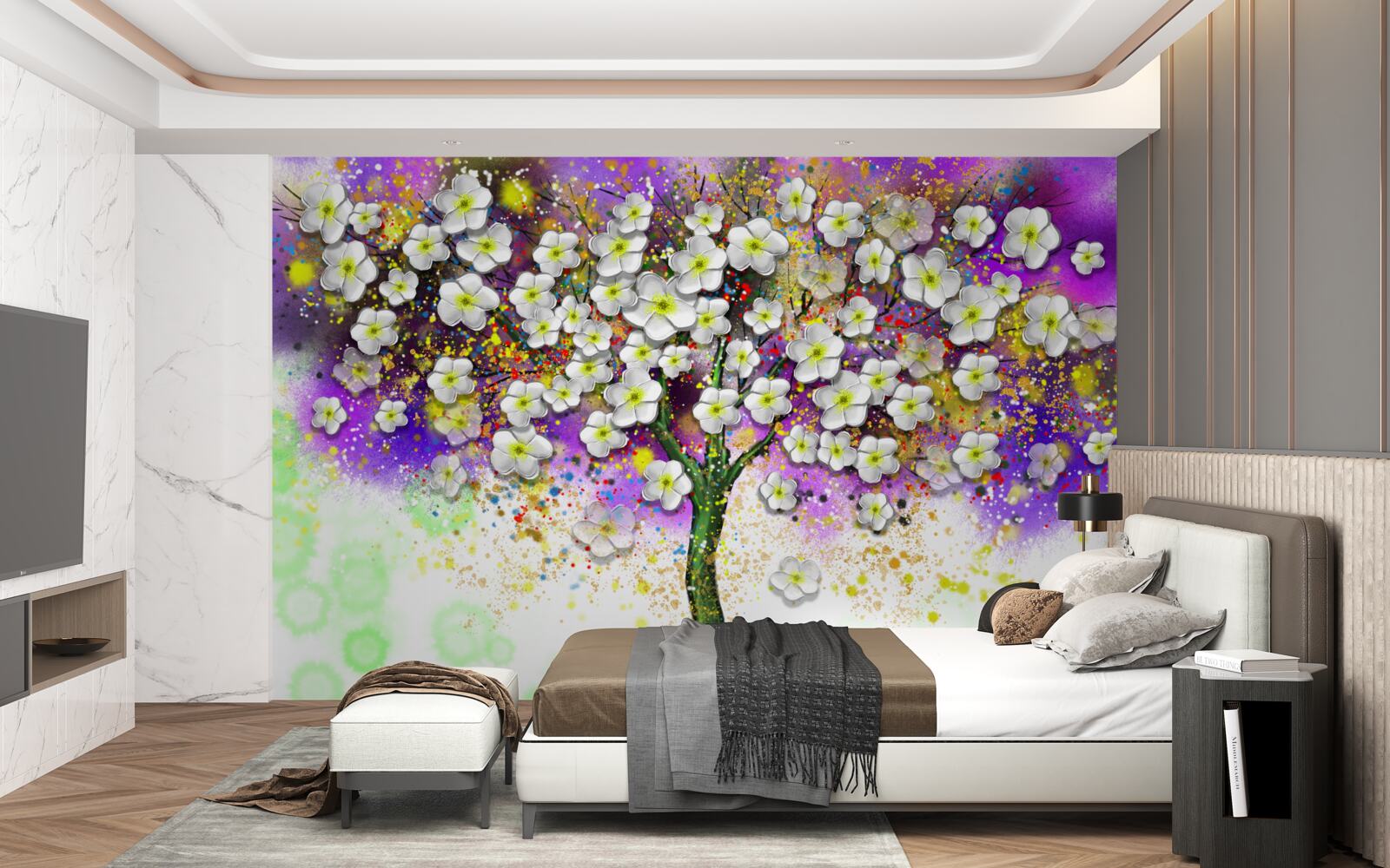 Fotobehang boom bloeiend met sneeuwwitte bloemen