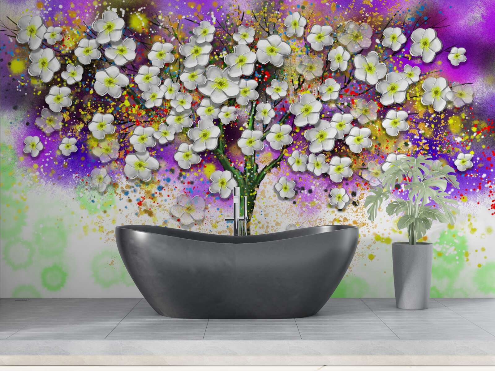 Fotobehang boom bloeiend met sneeuwwitte bloemen