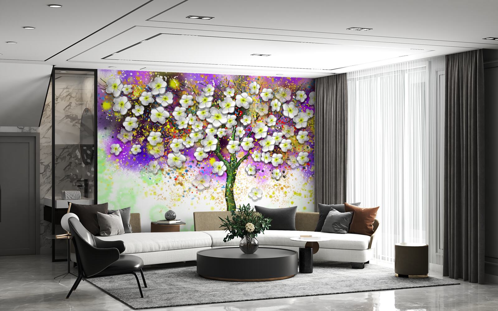 Fotobehang boom bloeiend met sneeuwwitte bloemen