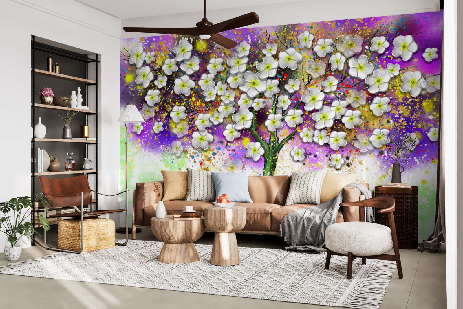 Fotobehang boom bloeiend met sneeuwwitte bloemen