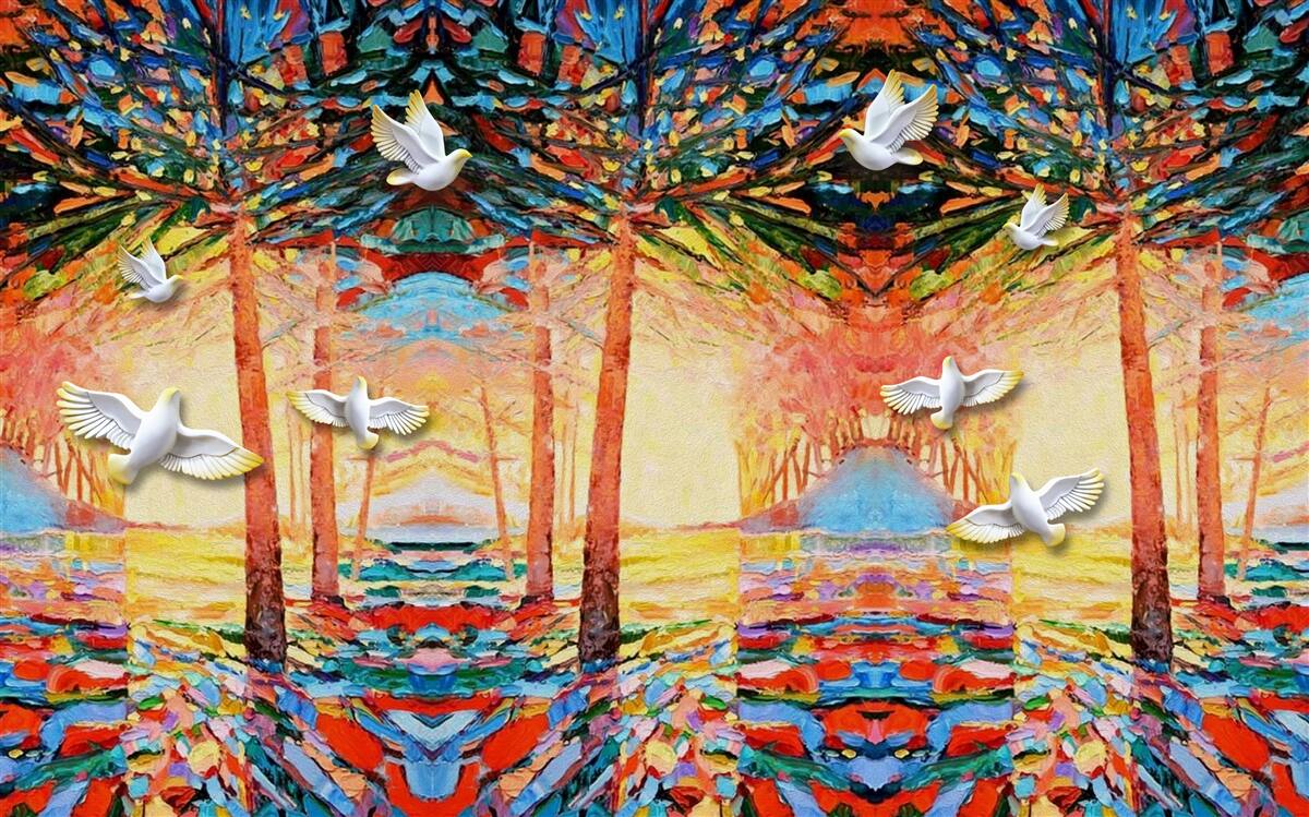 Fotobehang Sneeuwwitte duiven bij de vijver tijdens zonsondergang