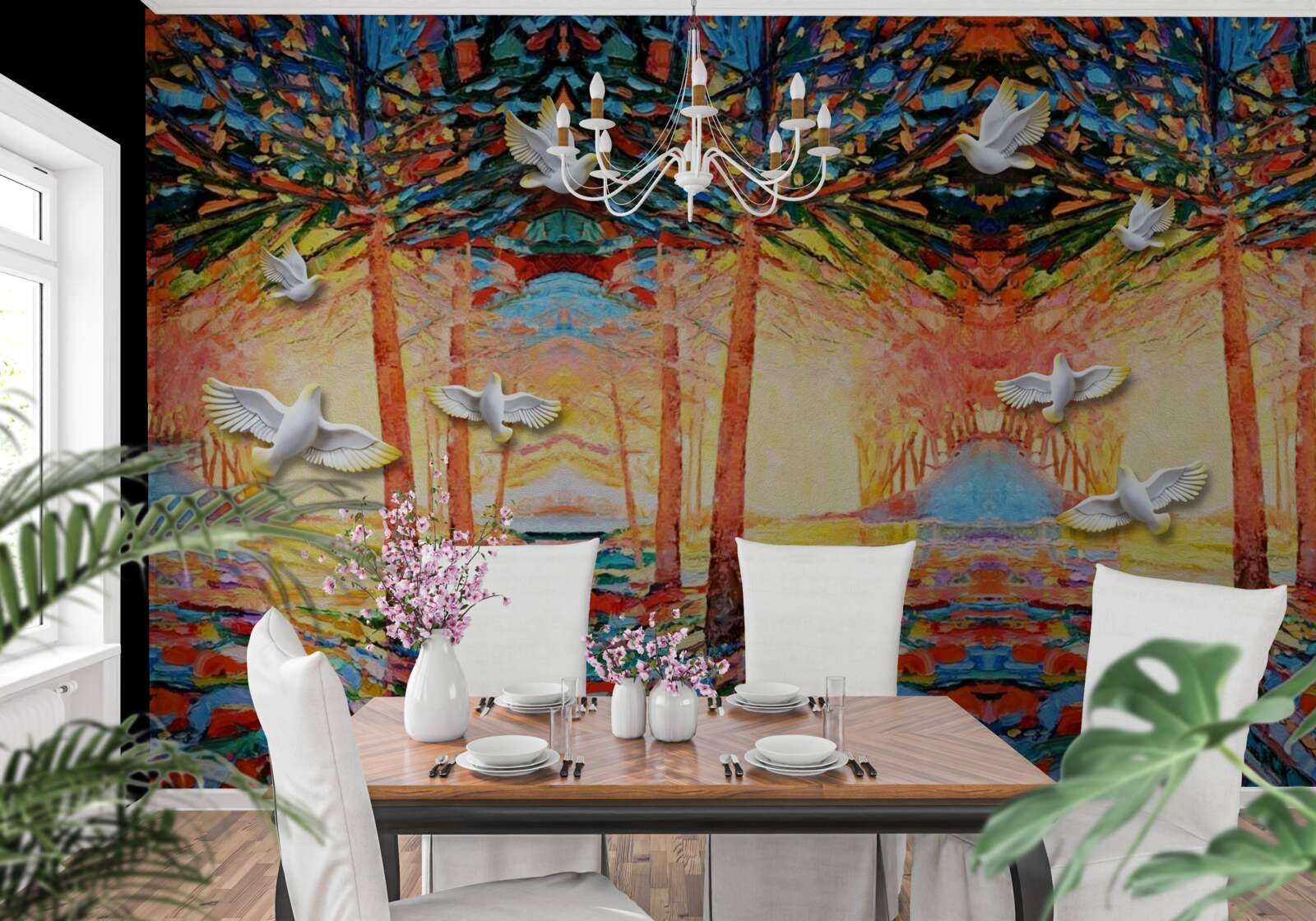 Fotobehang Sneeuwwitte duiven bij de vijver tijdens zonsondergang