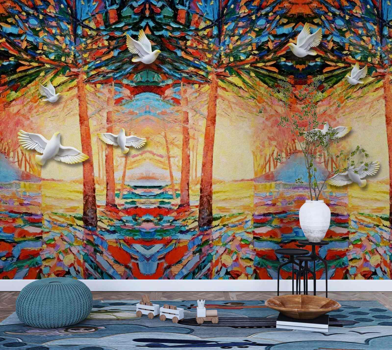 Fotobehang Sneeuwwitte duiven bij de vijver tijdens zonsondergang