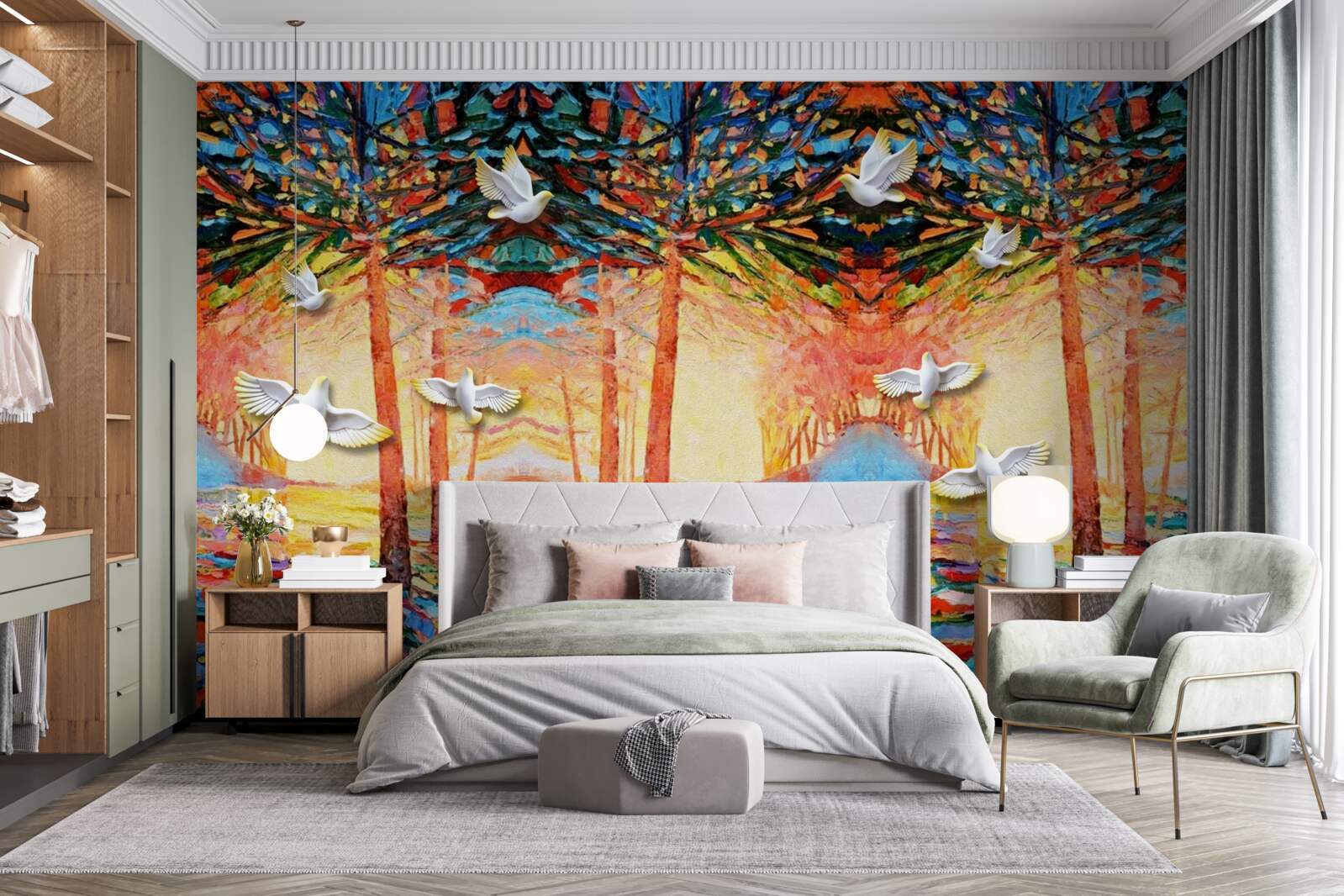 Fotobehang Sneeuwwitte duiven bij de vijver tijdens zonsondergang