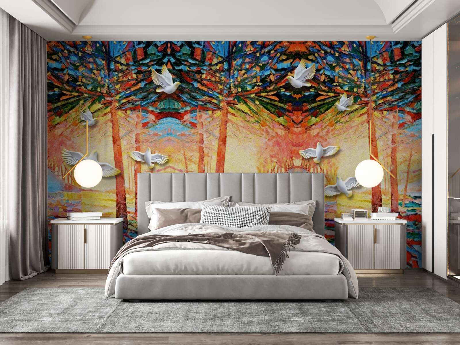 Fotobehang Sneeuwwitte duiven bij de vijver tijdens zonsondergang