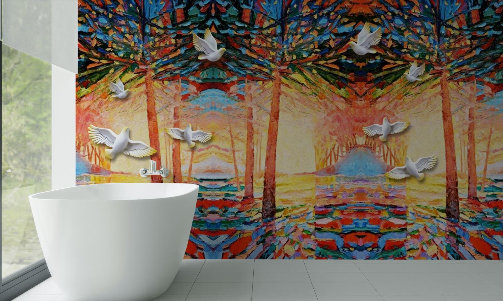 Fotobehang Sneeuwwitte duiven bij de vijver tijdens zonsondergang