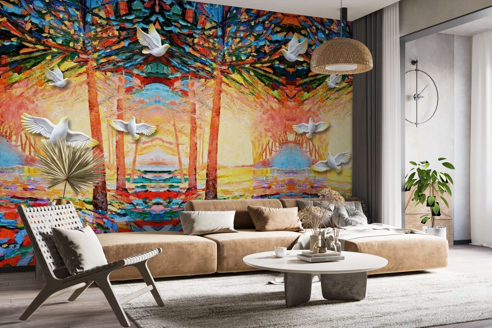 Fotobehang Sneeuwwitte duiven bij de vijver tijdens zonsondergang