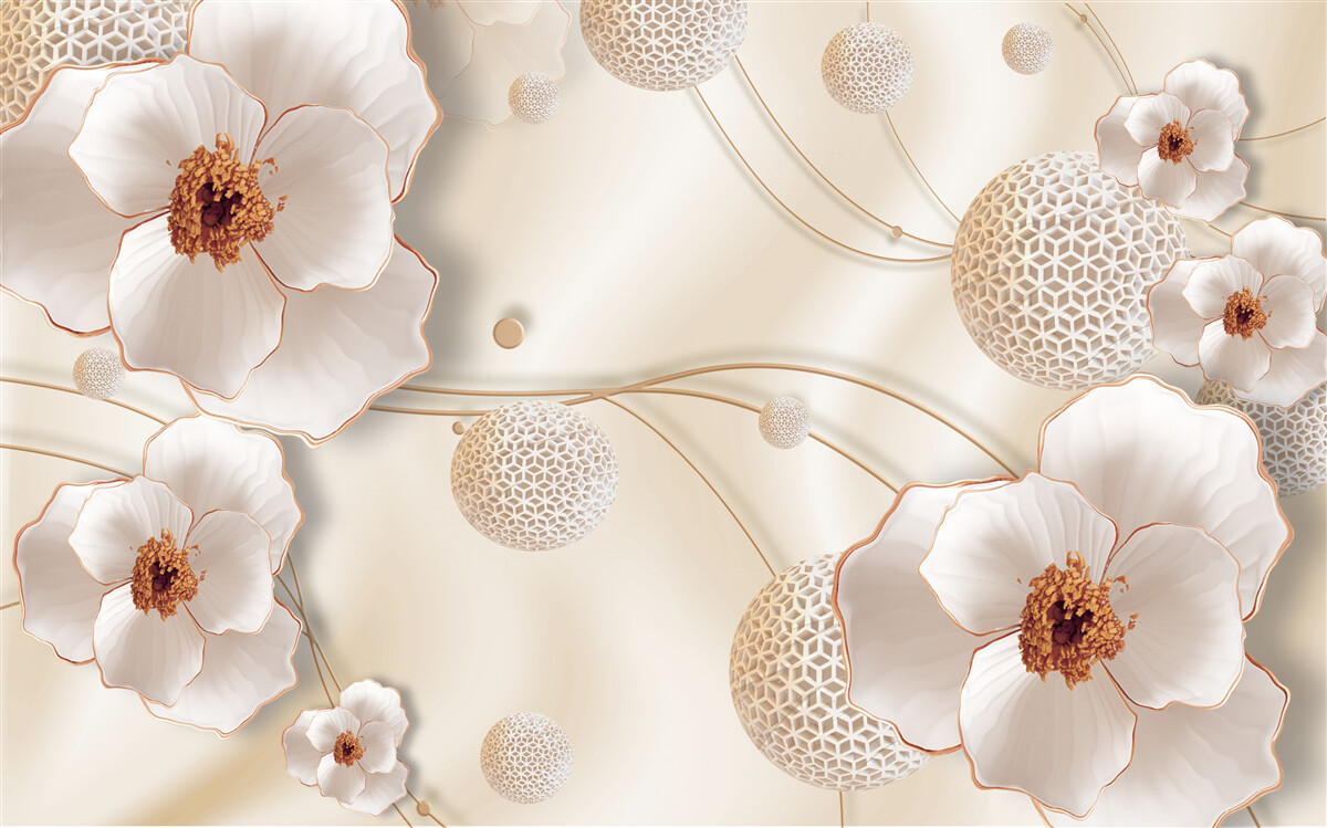 Fotobehang takken versierd met goudwitte bloemen en fonkelende kristallen