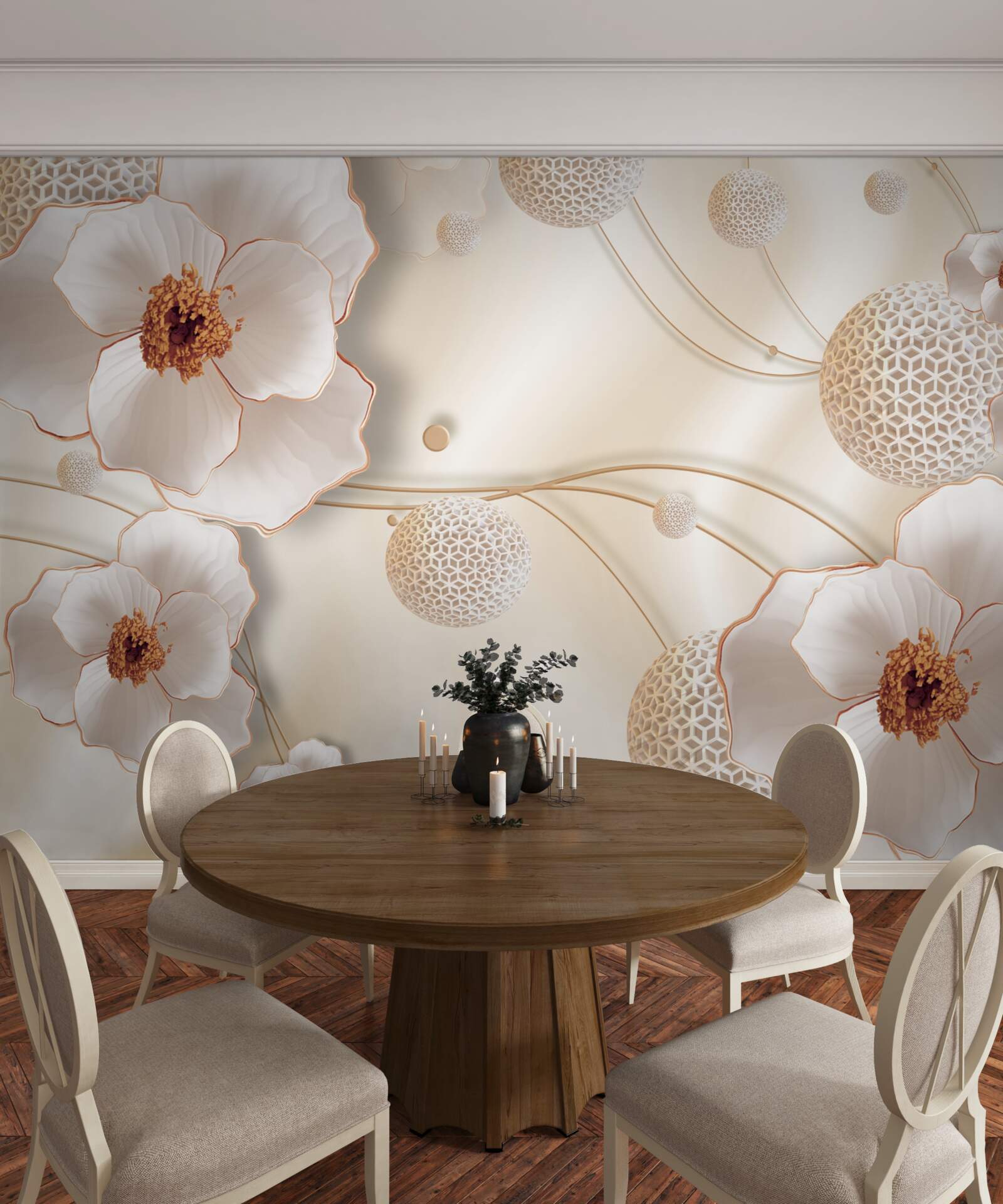 Fotobehang takken versierd met goudwitte bloemen en fonkelende kristallen