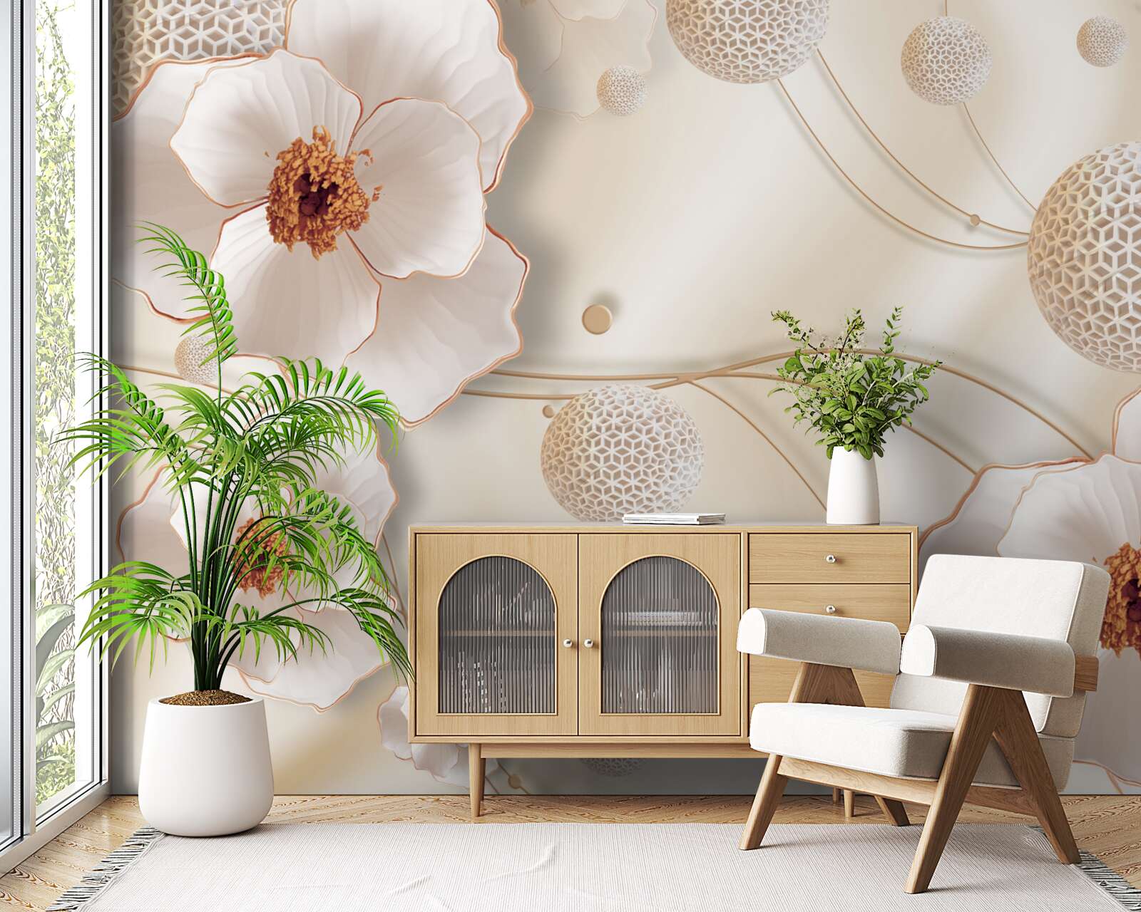 Fotobehang takken versierd met goudwitte bloemen en fonkelende kristallen