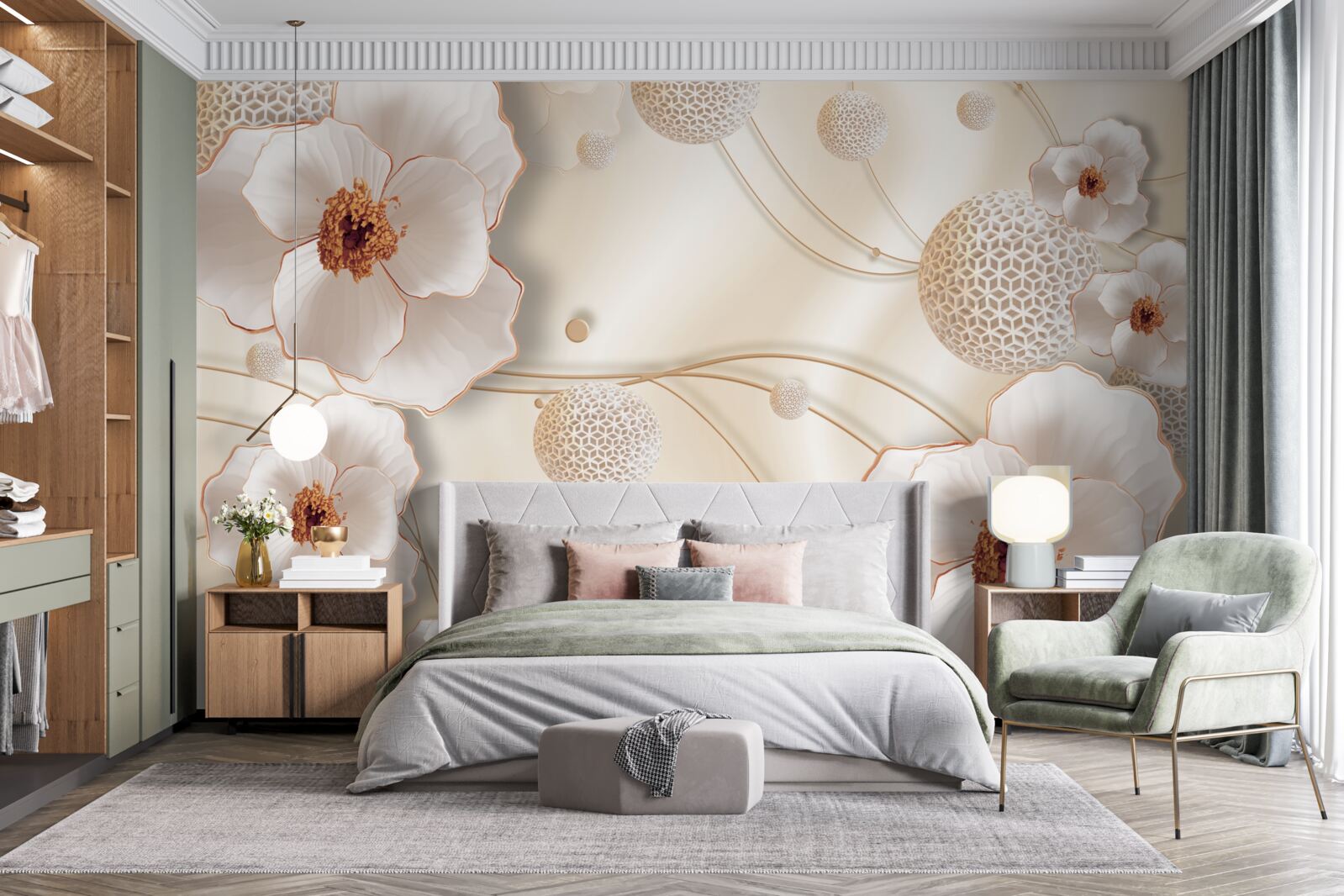 Fotobehang takken versierd met goudwitte bloemen en fonkelende kristallen