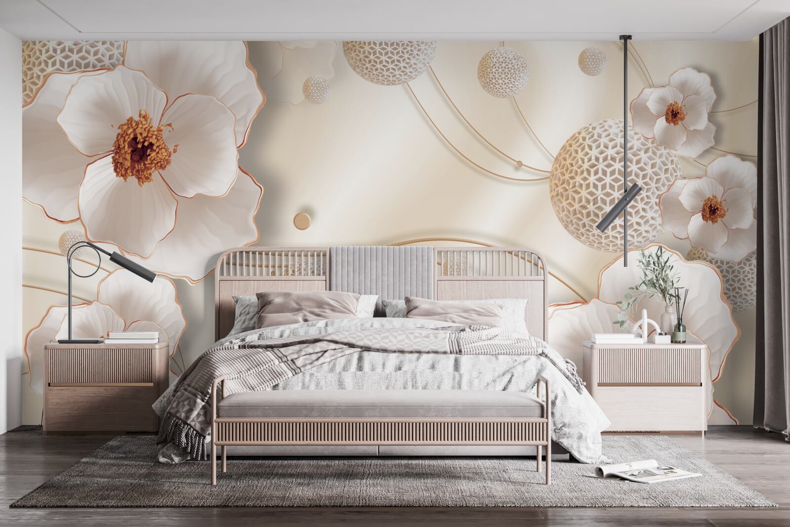 Fotobehang takken versierd met goudwitte bloemen en fonkelende kristallen