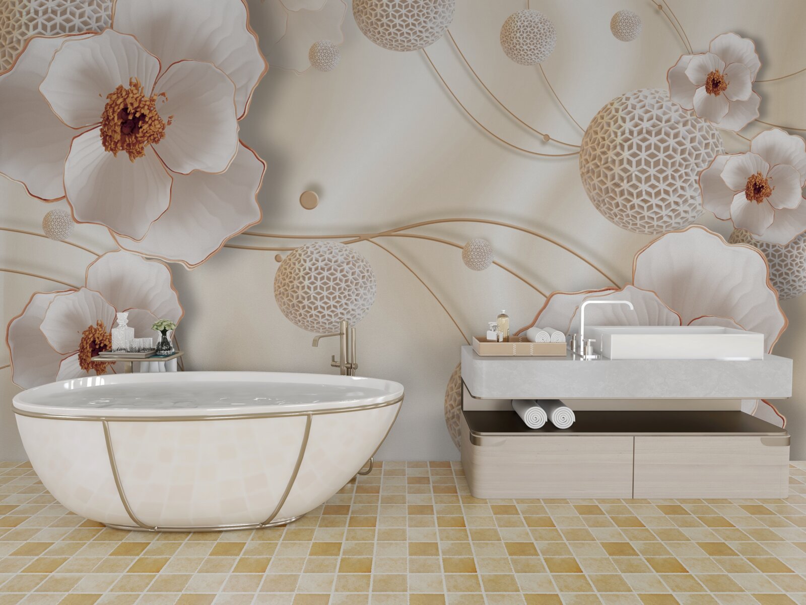 Fotobehang takken versierd met goudwitte bloemen en fonkelende kristallen