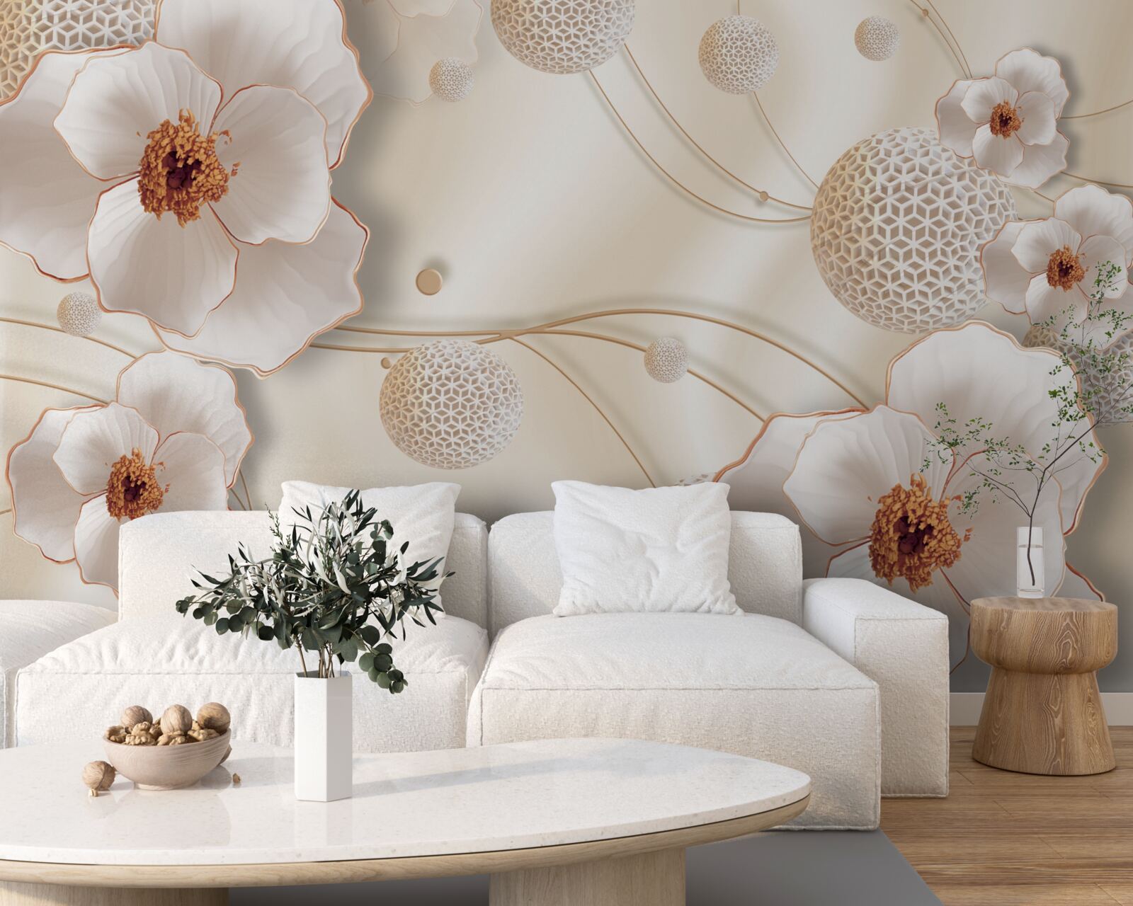 Fotobehang takken versierd met goudwitte bloemen en fonkelende kristallen